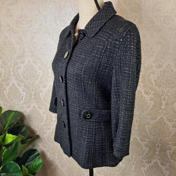 Tory Burch Size 6 Estella Tweed Blazer Black Silver Metallic Wool Blnd 3/4 Slv - Picture 6 of 14